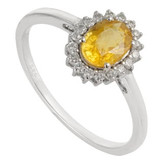 Oval Yellow Sapphire & Diamond Halo Vintage Ring in 14k White Gold Size 9 For Sale