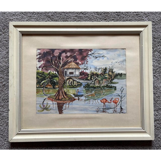 Antique watercolor painting of an island landscape with pink flamingos. Illegible signature to the lower right corner....