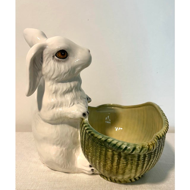 Gumps Mid 20th Century Large Italian Gump’s Porcelain Rabbit With Basketweave Bowl For Sale - Image 4 of 7