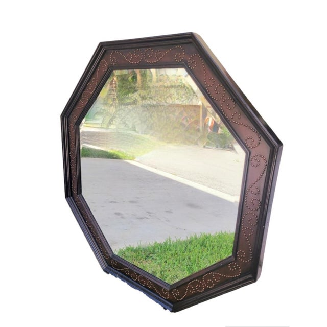 English Massive Studded Vintage Octagonal Dark Wood Faux Leather Wall Mirror For Sale - Image 3 of 11