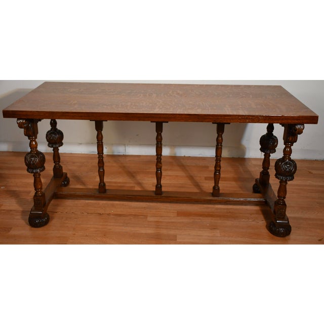 Brown 1900s Antique Tiger Oak Jacobean Style Console Table, Library Table, Desk For Sale - Image 8 of 13