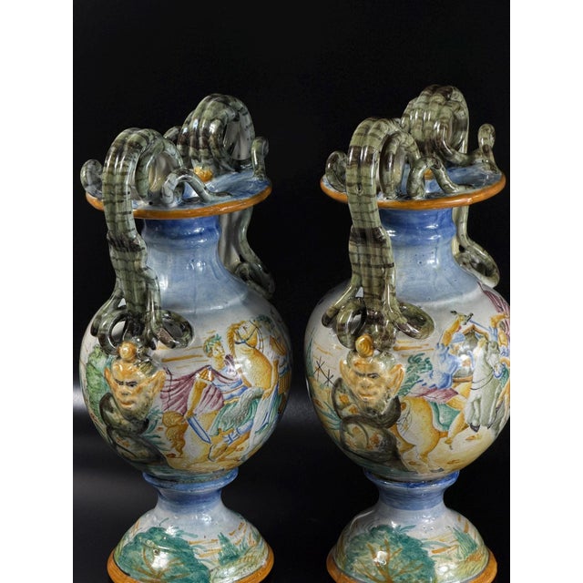 Vintage Italian Hand-Painted Majolica Mythological Vases, 1800s, Set of 2 For Sale - Image 5 of 18