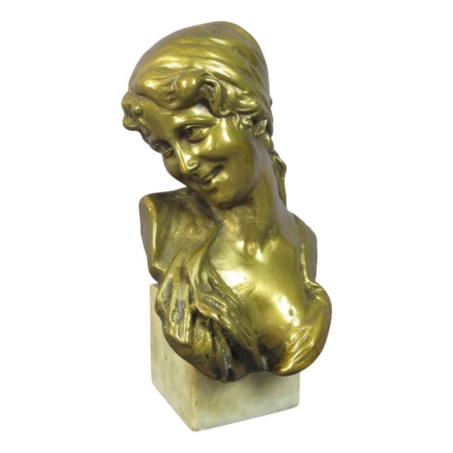 Vintage Exhibition Brass Sculpture of Woman with Marble Base, Late 1900s For Sale