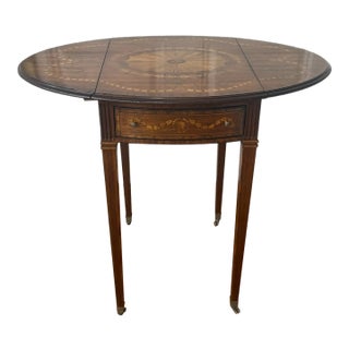 Vintage Maitland-Smith Drop Leaf Side Table With Painted Faux Marquetry, Brass Casters For Sale