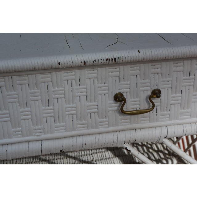 White Vintage White Wicker Writing Desk W/ Drawer / Side Basket & Cubbies / Shelves For Sale - Image 8 of 18