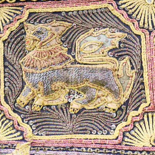Burmese Kalaga Tapestry Embroidered with Elephants in a Golden Frame, 2000s For Sale - Image 3 of 9