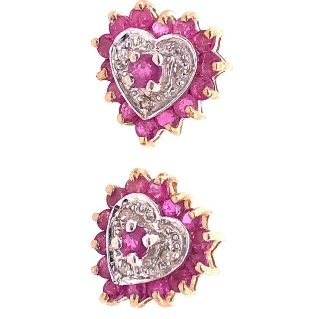 2010s 14 Karat White and Yellow Gold Button Ruby Earrings With Diamonds For Sale - Image 5 of 7