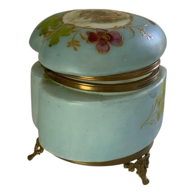 Antique French Enameled Opaline Gilt Ormalu Hand Painted Courting Scene Trinket Box C1900 For Sale