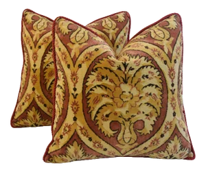 Designer Italian Velvet Botanical Floral Feather/Down Pillows 22" Square - Pair