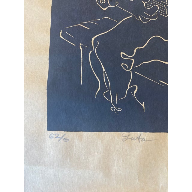 Paper "Luta" Limited Edition Linocut Print by Belsky, Numbered 62/100, Hand Signed With Fingerprint, Modern Figurative Guitarist Portraitur. For Sale - Image 7 of 10