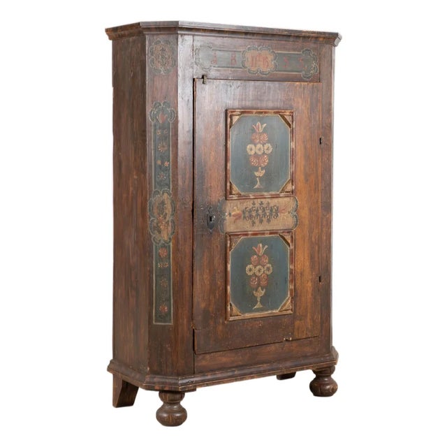 1833 Original Hand-Painted Pine One-Door Armoire For Sale
