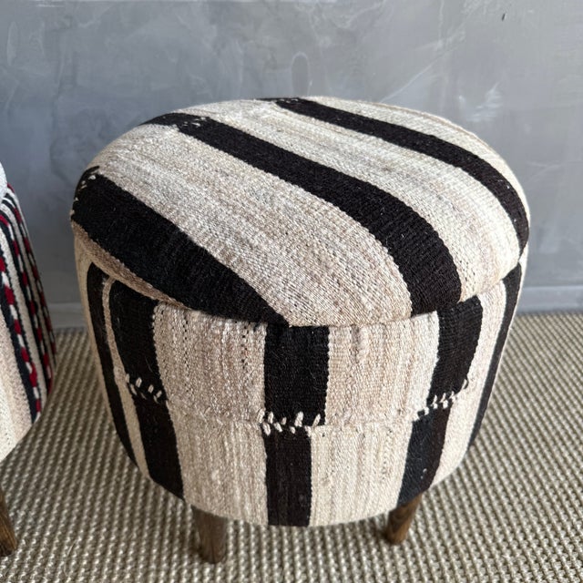 Pair of Striped Off-white, Black Vintage Turkish Rug Ottomans For Sale - Image 4 of 7