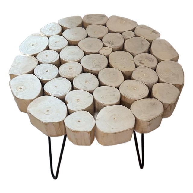 Round Wood Log Slice Coffee Table, Light Wood Top, Black Metal Hairpin Legs For Sale