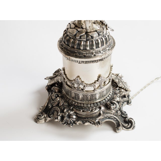 1950s Spanish Empire Silver-Plated Cast Brass Cupid Cherub Lamp With Scavo Flame Shade For Sale - Image 10 of 13