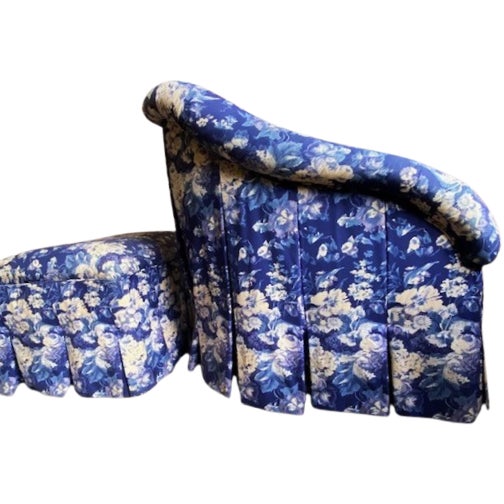 Custom Floral Tufted Chair & Ottoman in Blue and Ivory Ralph Lauren, Set of 2 For Sale - Image 4 of 12