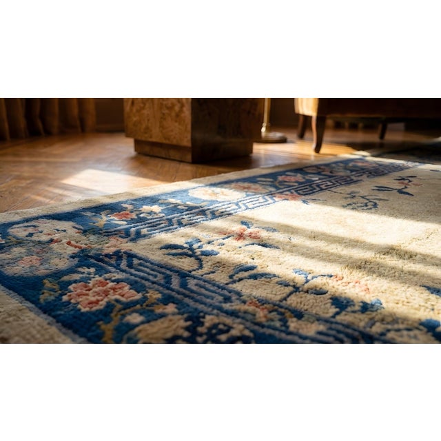 1920s Beige Floral Shou Antique Chinese Rug 4' 2'' X12' 0'' Knotted Wool Carpet For Sale - Image 13 of 13