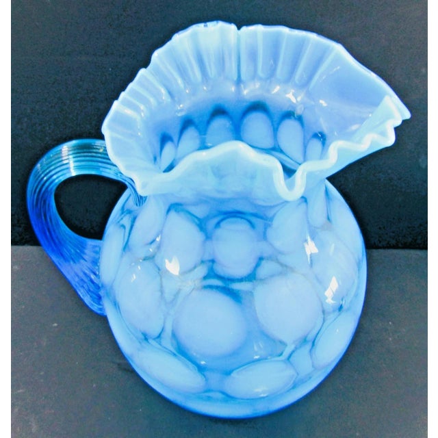 Vintage Fenton Blue Opalescent Coin Spot Glass Pitcher and 4 Tumblers Set For Sale - Image 10 of 17