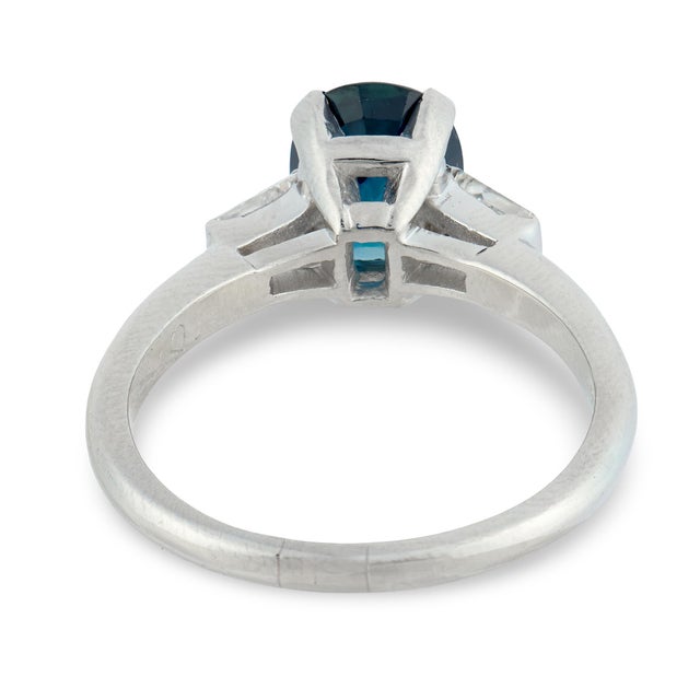 1950s Mid Century Gia 1.88 No Heat Teal Sapphire Diamond Platinum Engagement Ring, Size 6.75 For Sale In Los Angeles - Image 6 of 7