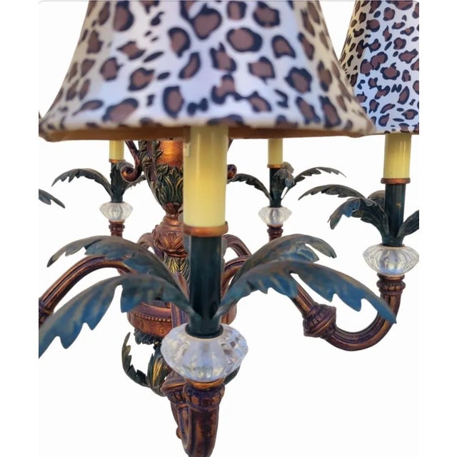 1980s Vintage Tole Palm Bech Regency 5 Light Leopard Shade Metal Leaf Urn Chandelier For Sale - Image 5 of 12