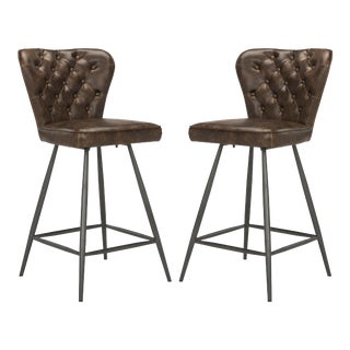 26"H Mid Modern Leather Tufted Swivel Counter Stool, Brown & Black - a Pair For Sale