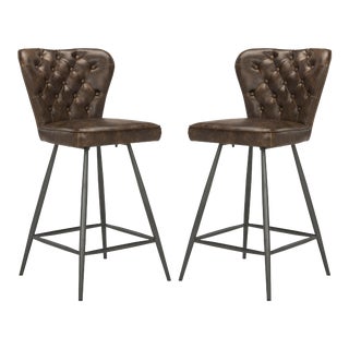 26"H Mid Modern Leather Tufted Swivel Counter Stool, Brown & Black - a Pair For Sale