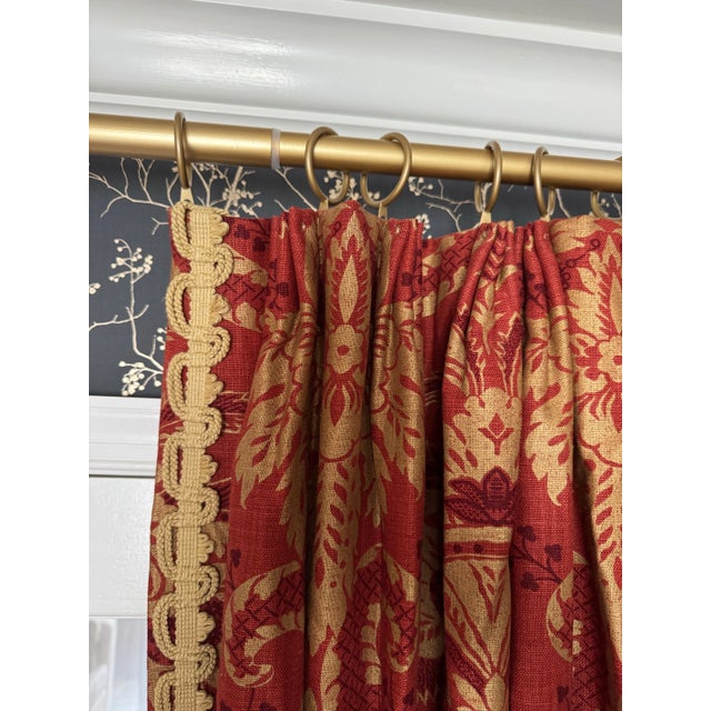 English Custom Made Designer Red Linen Gold Gold Damask Pinch Pleat Drapery Panels 68 X 94 Pair New For Sale - Image 3 of 7