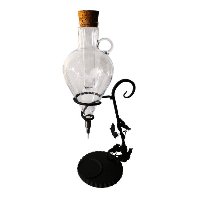 Mid 20th Century Austrian Hand-Blown Crystal Wine Aerator Decanter & Wrought Iron Stand – 23" For Sale
