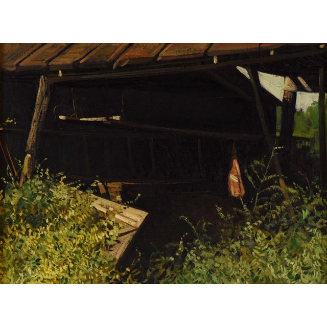 Signed lower left in tiny script. Lovely mid 20th century painting of crab shack or barn. Full measurements: Height: 20"...