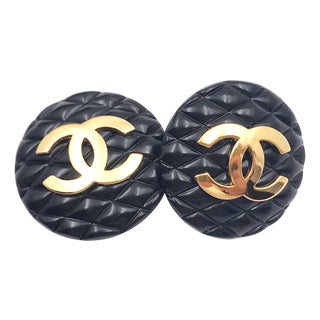 1990s Chanel Rare Classic Black Quilted Gold CC Large Clip on Earrings, A Pair For Sale