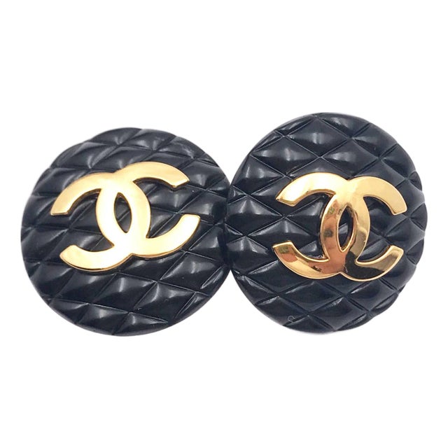 1990s Chanel Rare Classic Black Quilted Gold CC Large Clip on Earrings, A Pair For Sale