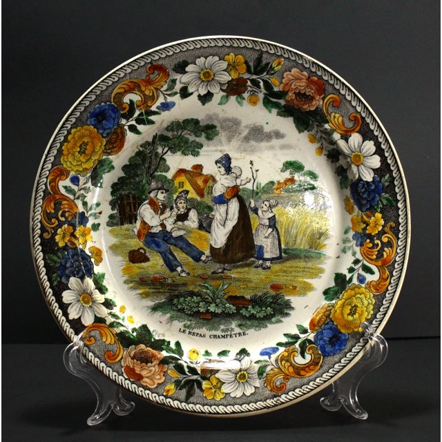 Illustration 1830s Creil L &T French Faience Polychrome Transfer Plate "Le Repas Champetre" For Sale - Image 3 of 14