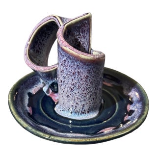 Signed Bay Pottery Sculptural Candlestick Holder With Purple & Blue Reactive Glaze For Sale