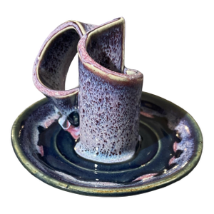 Signed Bay Pottery Sculptural Candlestick Holder With Purple & Blue Reactive Glaze