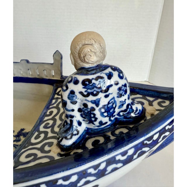 Blue Vintage Japanese Porcelain Kutani Ware Figural Boat Ikebana Vessel Cachepot For Sale - Image 8 of 12