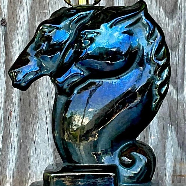 Vintage Blue Glazed Double Horse Head Lamp For Sale - Image 11 of 13