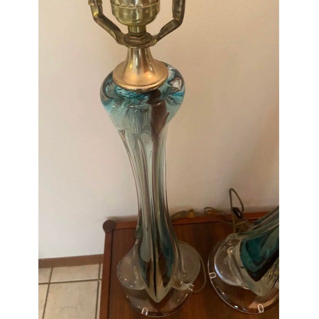 Teal Mid 20th Century Mid-Century Modern Italian Sommerso Murano Glass Fluted Table Lamps - A Pair For Sale - Image 8 of 10