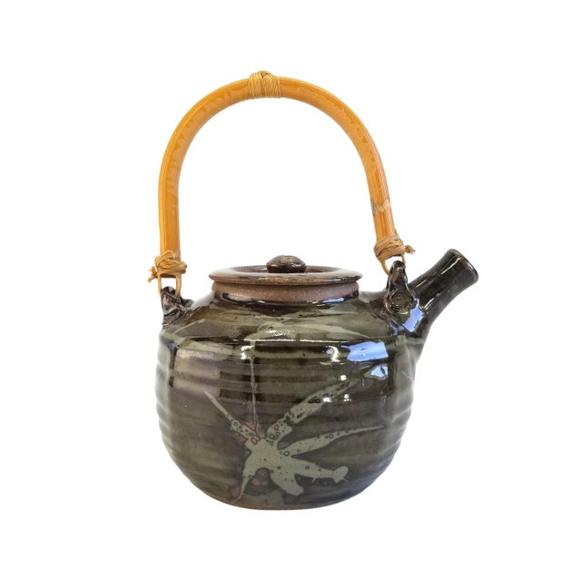 1990s Japanese Raku Teapot Green Brown Bamboo Design and Handle Artist Signed For Sale - Image 13 of 13
