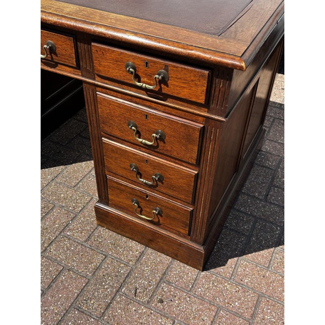 Wood Edwardian Oak Twin Pedestal Desk For Sale - Image 7 of 11