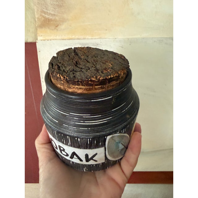Vintage Italian Tobak Jar With Cork Lid | Mid-Century Modern Pottery Tobacco Canister | Hand-Painted Foliage Motif For Sale - Image 11 of 12