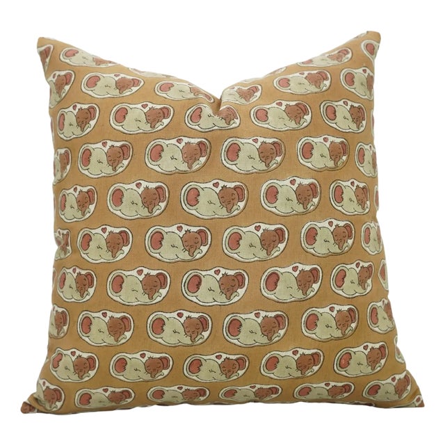 Fabdivine Linen Blend Throw Pillow Cover Handmade Block Print, Elephant- 26x26 Inch For Sale