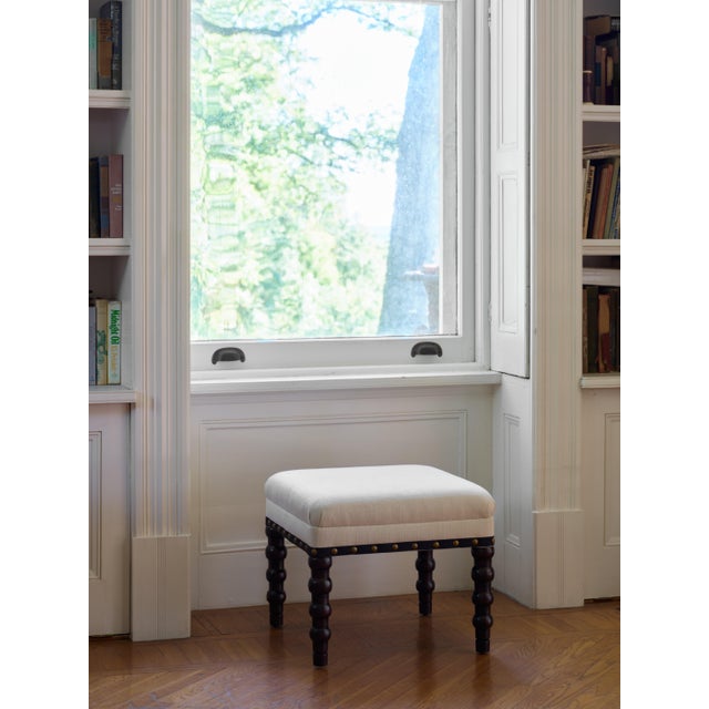 Contemporary Bunny Williams Home Navy Tape Stool in Cream Performance Linen with Antique Brass Nailheads and Mahogany Legs For Sale - Image 3 of 5