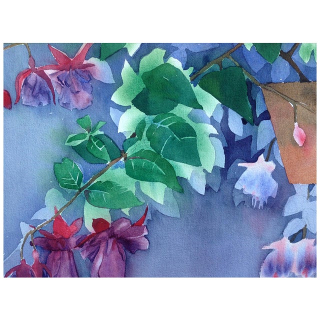 1980s "Hanging Fuchsia Flowers" Botanical Still Life Watercolor Painting by Rose Sloan, Framed For Sale - Image 4 of 6
