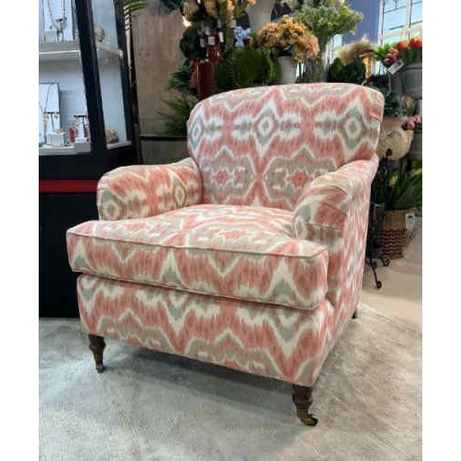 A pair of English Arm lounge chairs by Kravet Furniture. Upholstered in Cowtan & Tout "Casablanca" linen-blend fabric with...