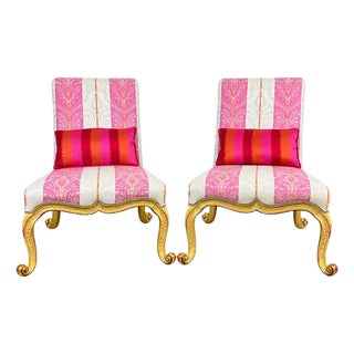 Late 20th Century Pair Giltwood Kent Form Accent Chairs Newly Upholstered in Clarke & Clarke Designer Fabric For Sale