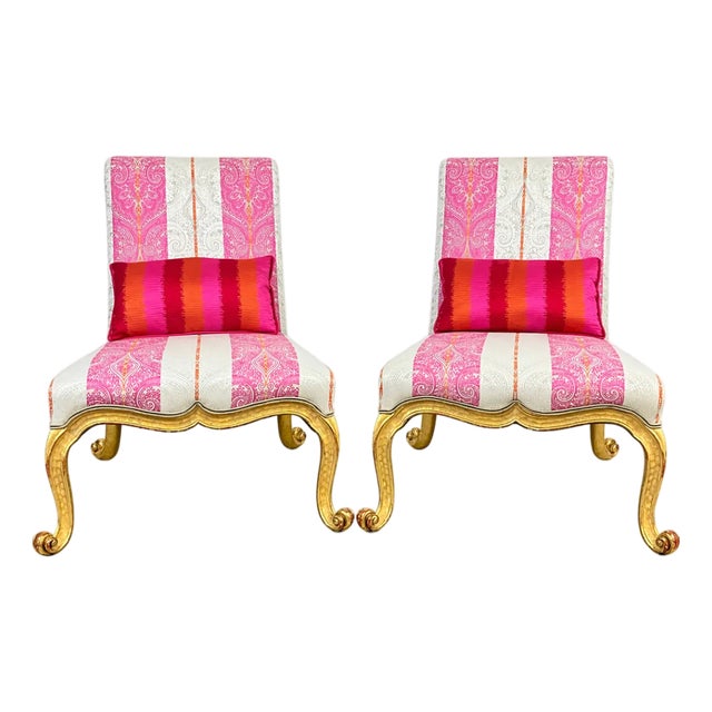 Late 20th Century Pair Giltwood Kent Form Accent Chairs Newly Upholstered in Clarke & Clarke Designer Fabric For Sale