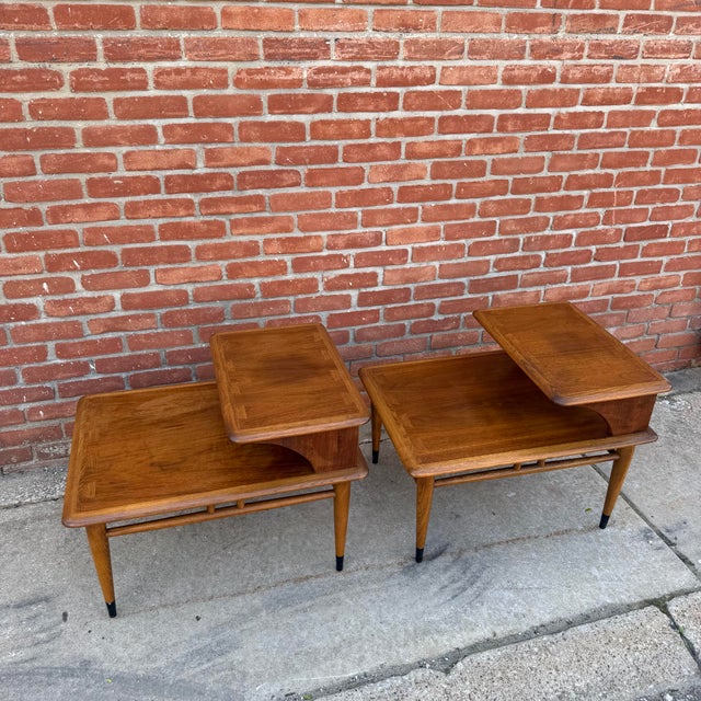 Brown Pair of Vintage Lane "Acclaim" Walnut Two-Tier Step End Tables For Sale - Image 8 of 11
