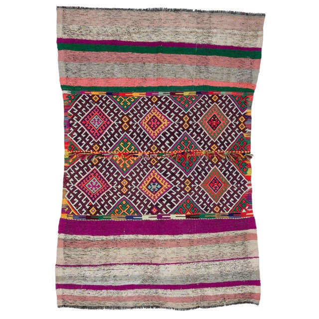 Embroidered Colorful Turkish Kilim Rug- 4′4″ × 6′3″ For Sale