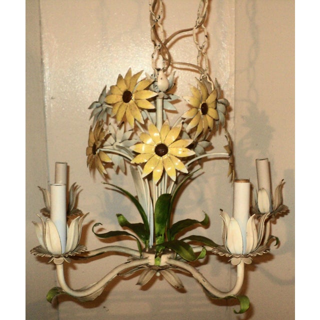 Vintage French Italian Tole Metal Painted Daisy Chandelier. The chandelier itself is about "15 Tall x "17.75 Round. Fully...
