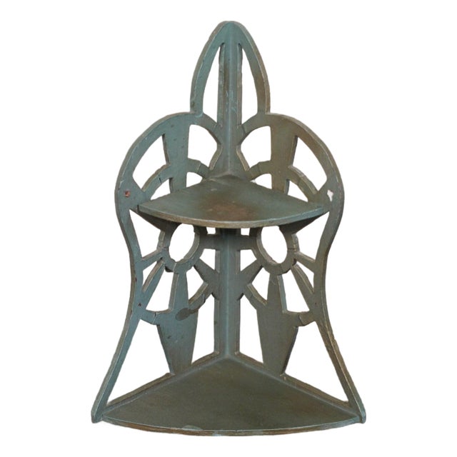1930s Folk Art Green and Gold Scroll Shelf For Sale