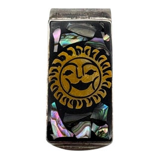 Vintage Laton Mexican Sterling Silver and Abalone Sunburst Money Clip For Sale